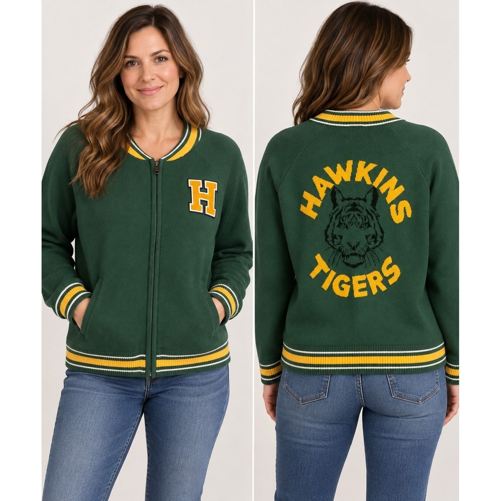 Torrid Green Stranger Things Hawkins High Sweater Bomber Size 2 (2X) Boho